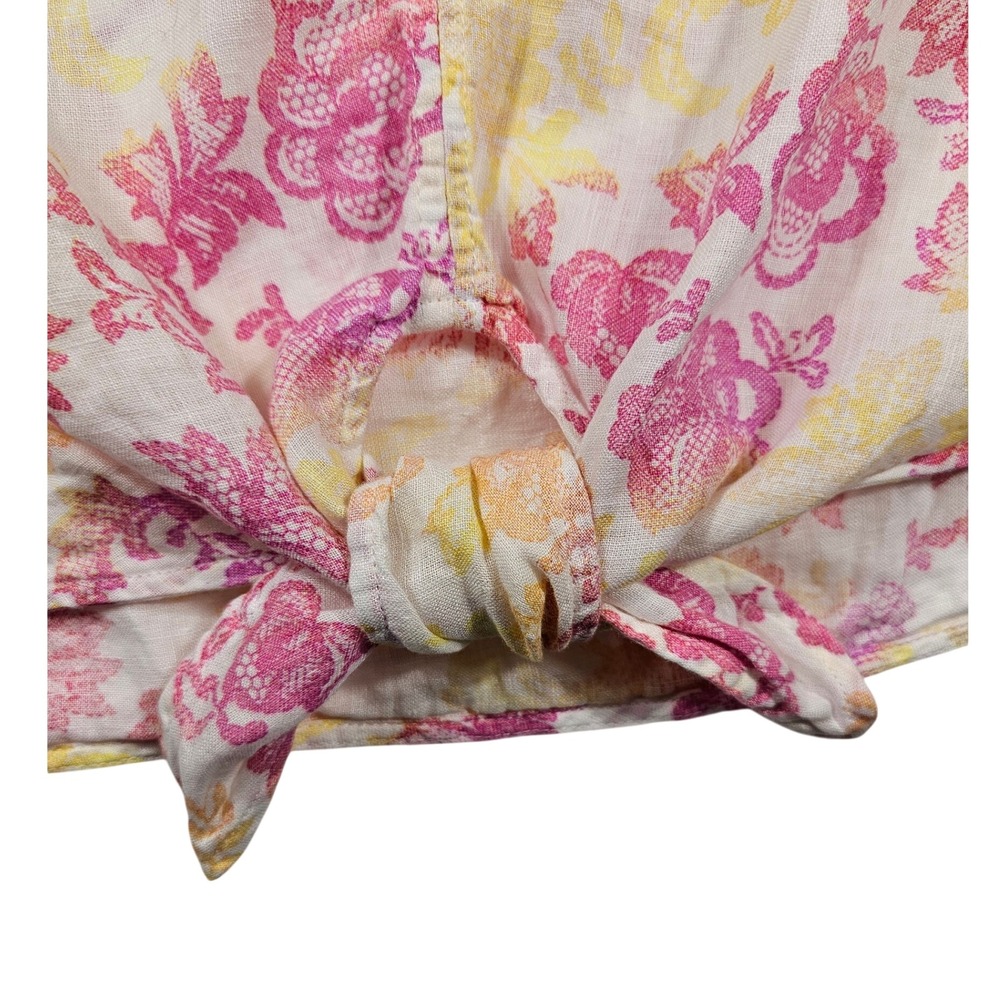 Charter Club Luxury Womens Lg Linen Floral Tie Front V-Neck Blouse Pink Yellow - Picture 3 of 7